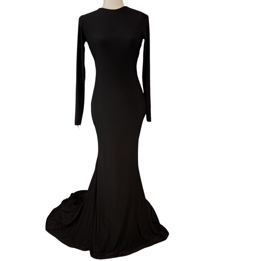 Club L London Black Long Sleeve Open Back Maxi Gown US 8 Mermaid Sweep Train